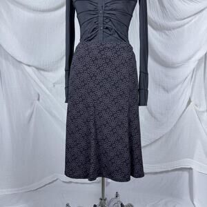 Vintage Whimsy Goth Indie Boho Black Paisley Pattern Midi Skirt (XL)